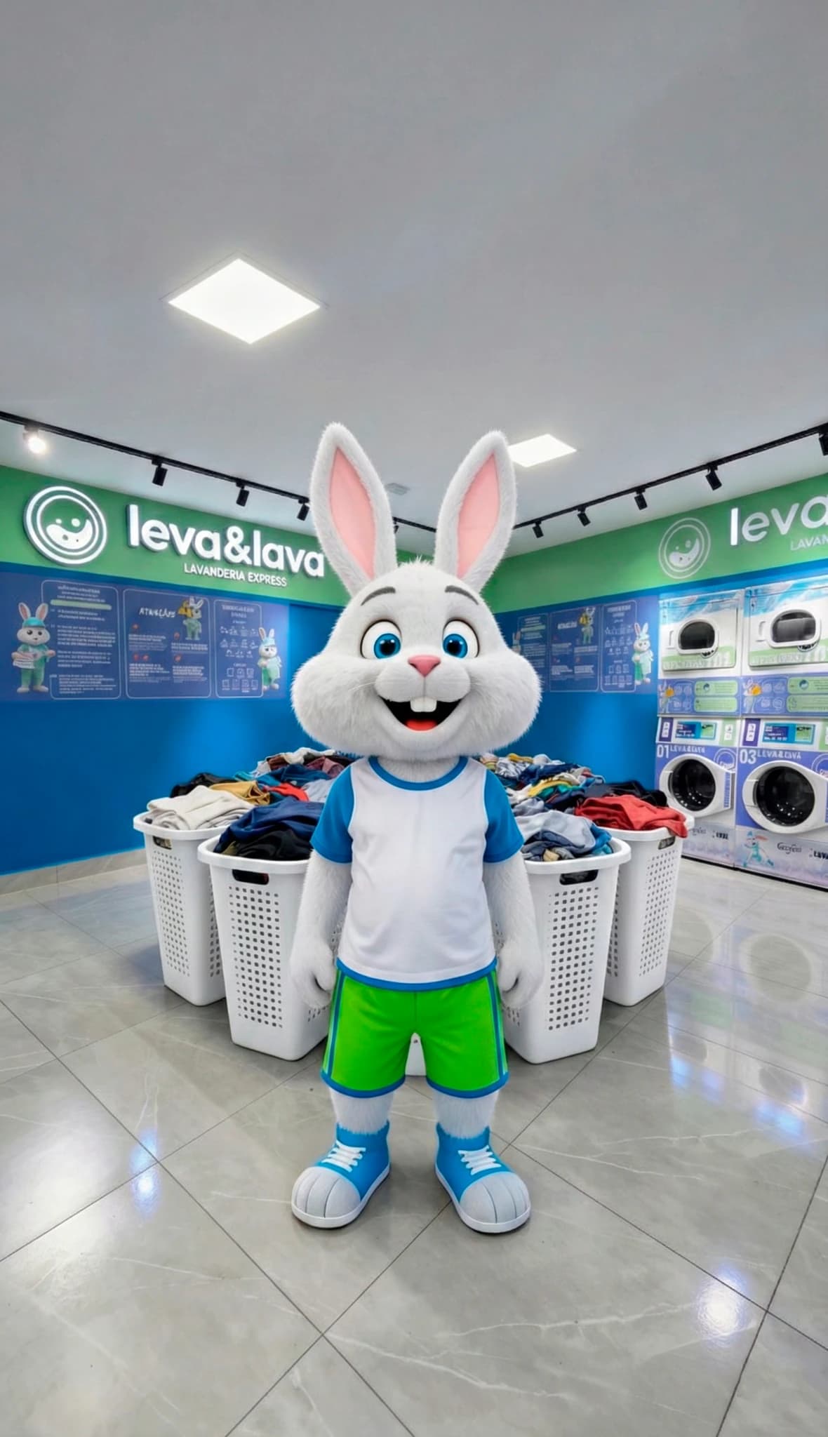 Mascote dentro da Leva & Lava com cestos de roupas